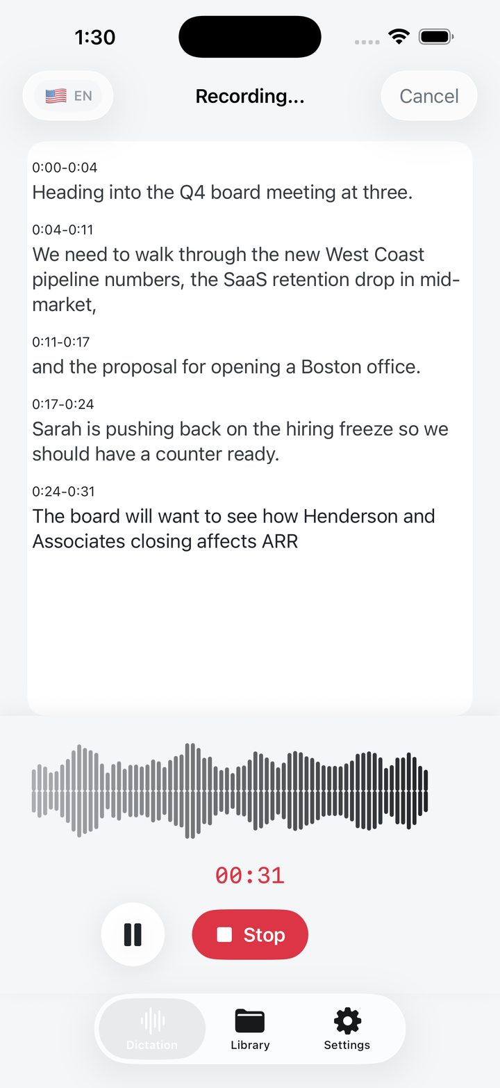 Live dictation with timestamped transcript and waveform