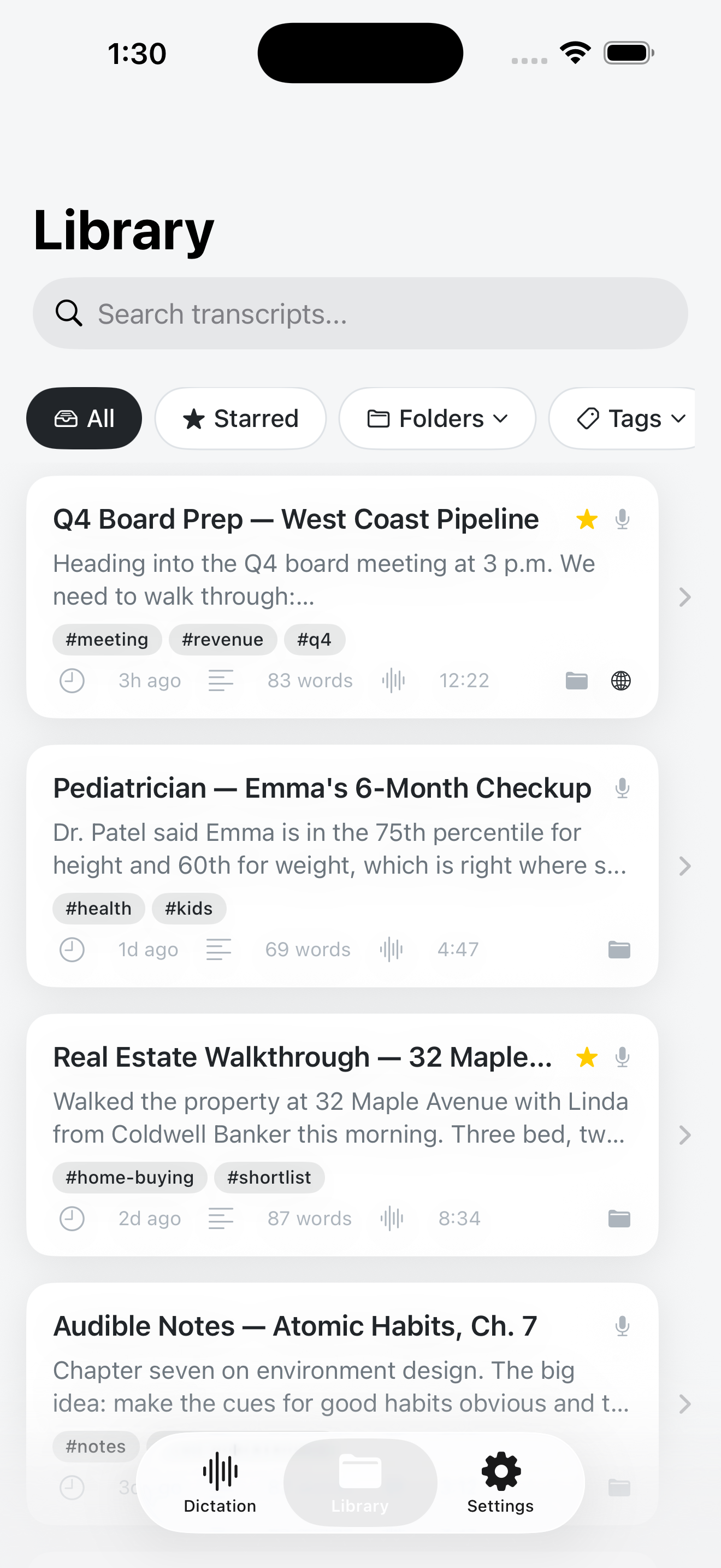 Library view in Dictation Pro