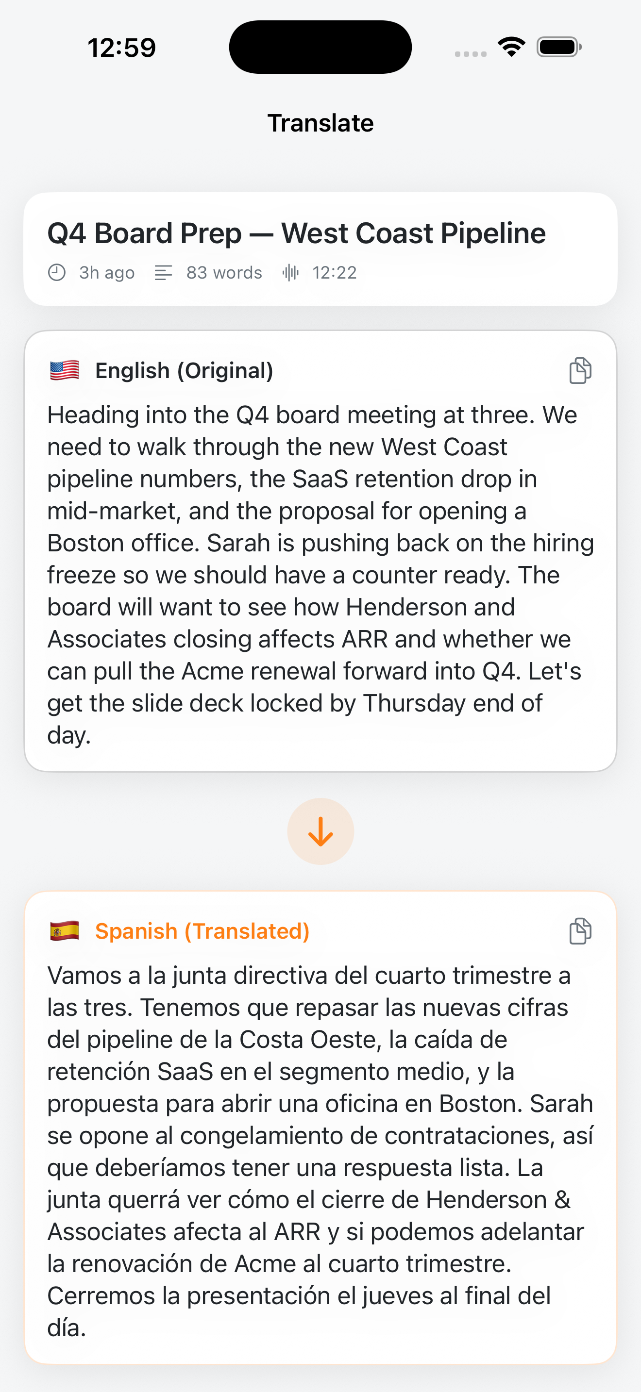 Translation view in Dictation Pro